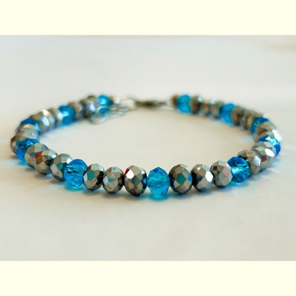 Aqua Blue & Silver Bead Bracelet - Picture 2 of 3